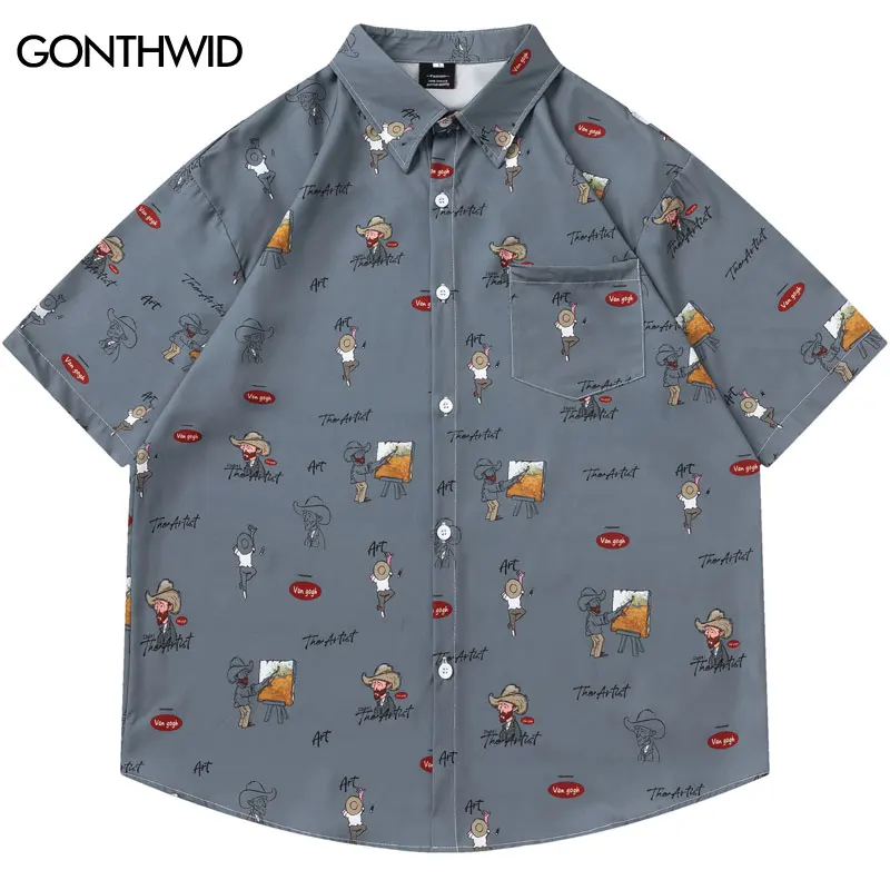 Harajuku Hawaiian Shirts Cartoon Van Gogh Graphic Printed Summer Beach Blouse Hip Hop Casual Baggy Short Sleeve Button Up Tops