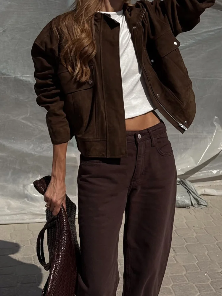 

Daily Suede Stand Collar Short Jacket Women Solid Full Sleeve Single Breasted Zipper Loose Jackets 2025 Lady High Street Coat