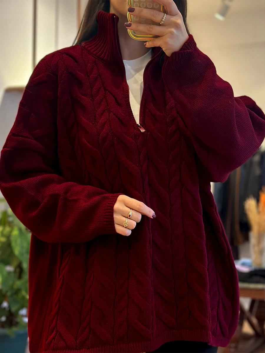 Sweter Rajut Wanita Model Twist Terbaru Musim Gugur, Lengan Panjang, Kerah Setengah Tinggi dengan Ritsleting, Jumper Kasual Simpel Modis, Sweter Longgar