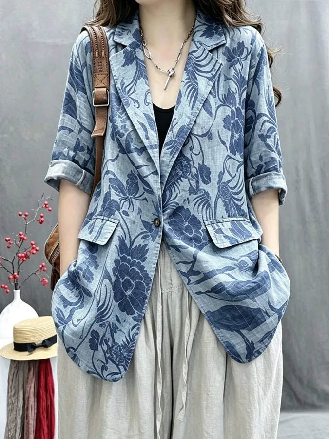 Cotton Linen Women's Summer 2026 New Style Retro Loose Personality Chic Casual Long Sleeve West Suit Printed Loose Fit Long S...