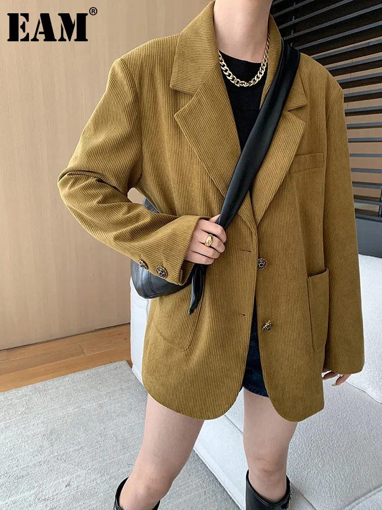 

[EAM] Women Yellow Corduroy Vintage Big Size Casual Blazer New Lapel Long Sleeve Jacket Fashion Tide Spring Autumn 2024 1DH6696