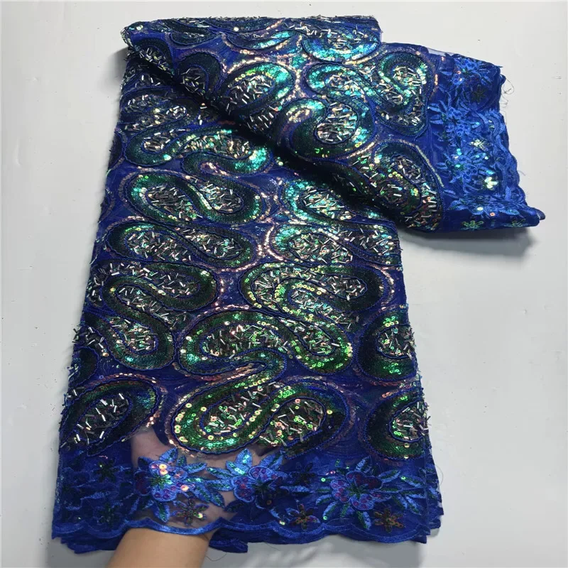 

5 Yard Hot Selling French Lace With Sequins African Tulle Cord Guipure Lace Net Embroidered Fabric For Wedding Party 9L6040101