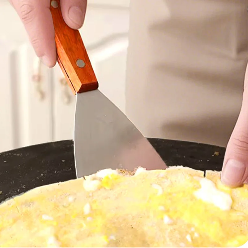قواطع البيتزا ملعقة مائلة ستيك برغر فطيرة البيتزا مكشطة مجرفة أواني المطبخ الشواء مقبض خشبي الفولاذ المقاوم للصدأ #3