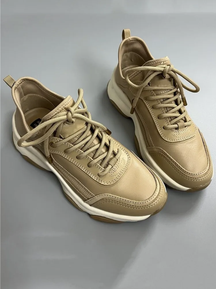 Women Genuine Leather Sneakers Spliced Lace Up Round Toe Thick Bottom Sports Shoes Comfortable Female Fitness Running Trainers