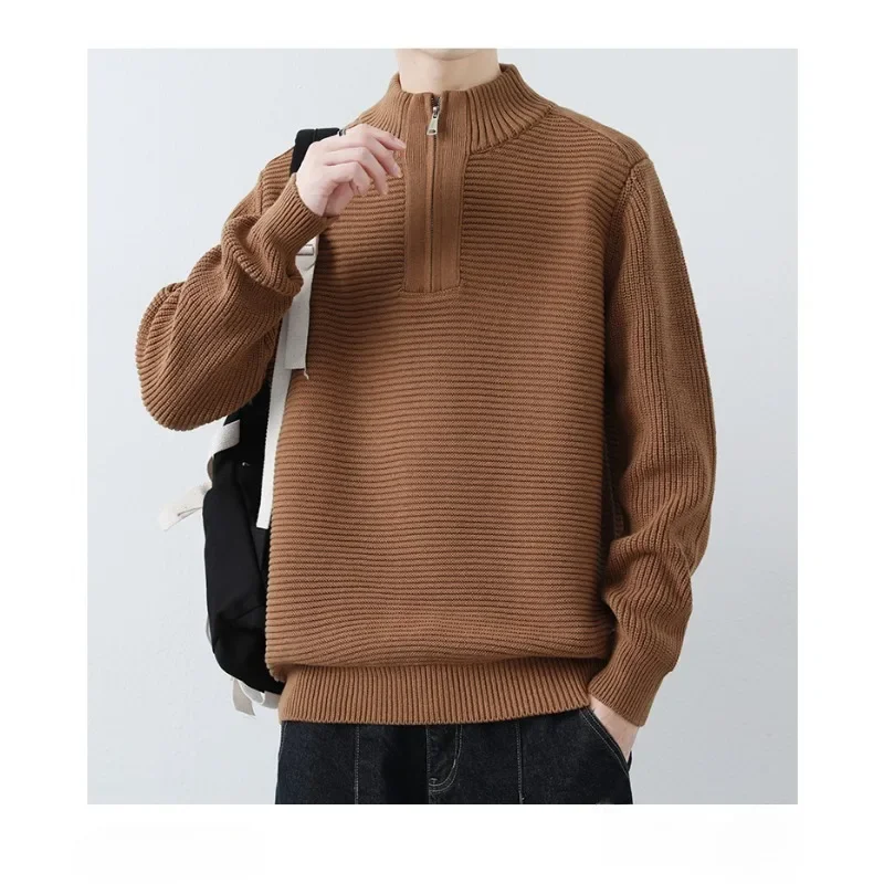 Korean Style Trendy Brand Base Sweater 2024 Men's Solid Color Semi Open Zipper Loose Sweater