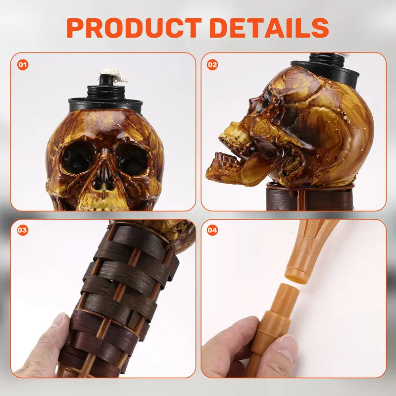 Handmade Skull Tiki Torch, Halloween Decorative Torch For Garden, Patio - Weather Resistant (2Pc)