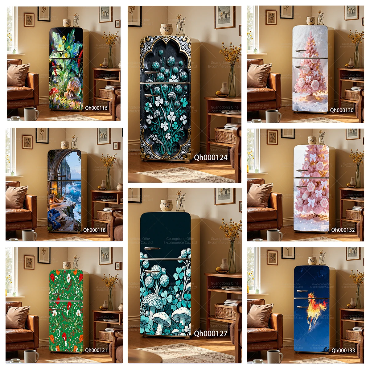 

Fantasy Forest, Cliff Cave Ocean View & Pink Cat Paw Christmas Tree PVC Fridge Stickers - Waterproof Wear-Resistant Home Decor