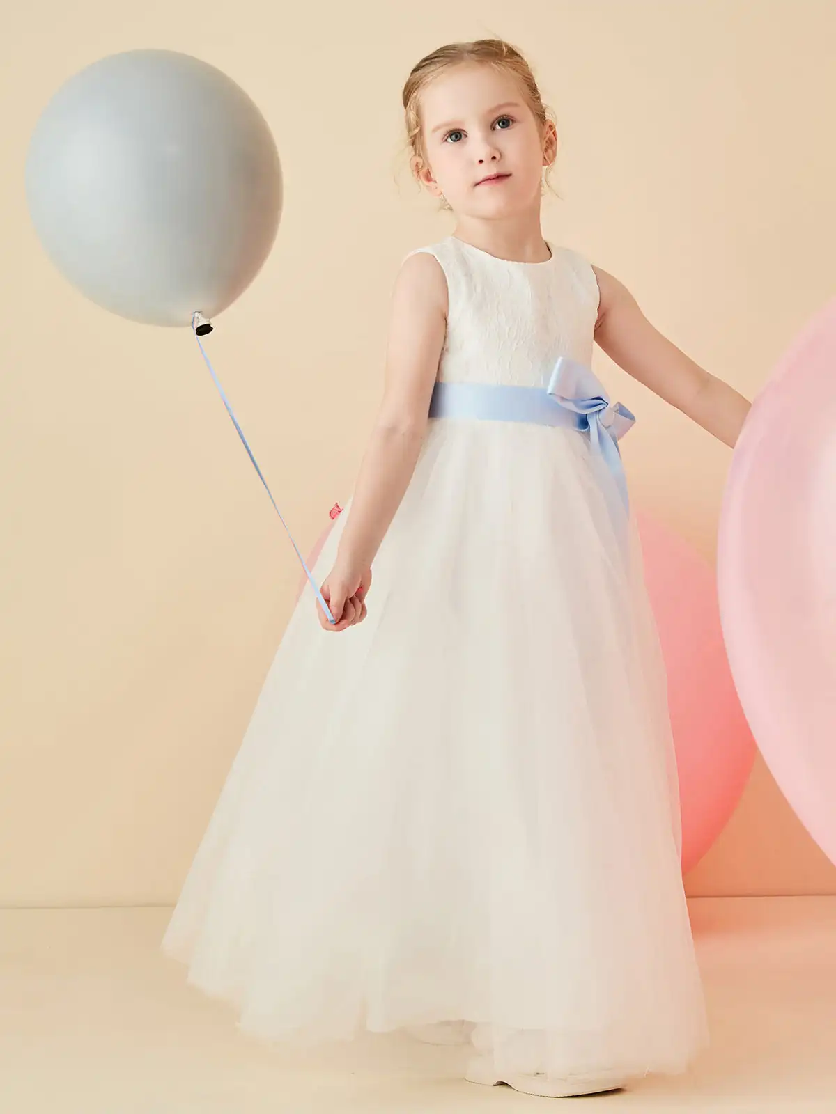 Lace Tulle Back Keyhole Flower Girl Dress With Sash A-Line Wedding Dresses Ruched Children Birthday Knee Length Party Gowns