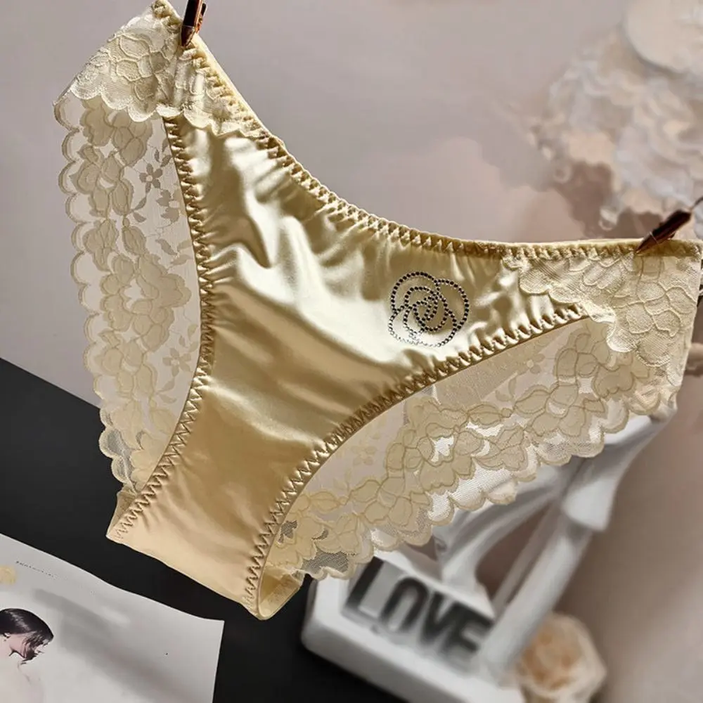 Smooth Ultra Thin Satin Lace Panties Low Waist Ice Silk Lace Underpants Cotton Crotch Mesh Rhinestone Flower Briefs Girls