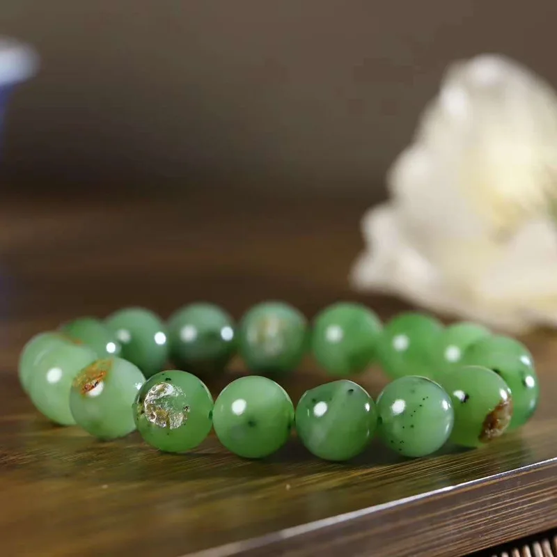 Natural Xinjiang Hetian Russian Material Jasper Cute Color Pearl round Jade Bracelet with Certificate