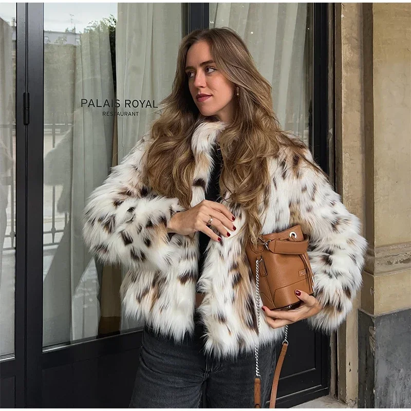 Leopard Faux Fur Short Coat Women Autumn Winter Plush Stand Collar Panelled Jacket Female Warm Stylish Outerwear Lady Casual New