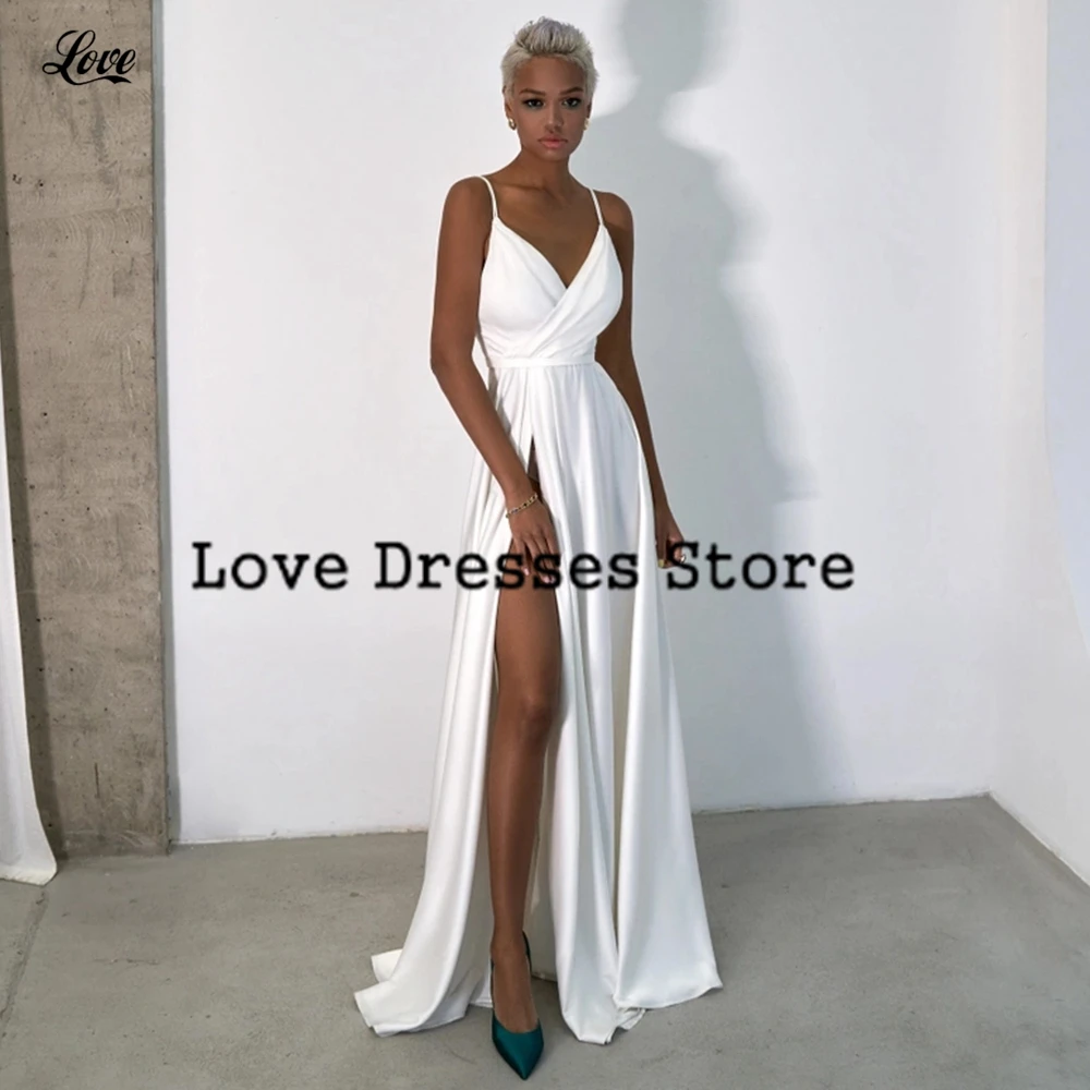 Abiti da sposa semplici in raso personalizzati con pieghe senza maniche da donna con spacco alto Sweep Train Abito da sposa con cerniera posteriore 2025