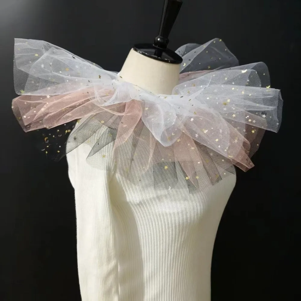 Fashion Tulle Material Ruffled Fake Collar Multi-Layered Ribbon Trim Neck Ruff Shawl Lace-Up Mesh Clown Choker