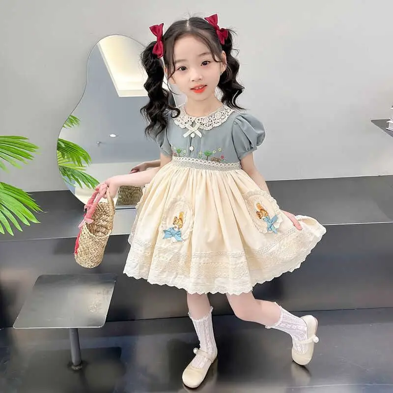 Summer 2024 Kids Clothes for Baby Girls Elegant Dress Cute Cartoon Bow Floral Dress Sweet Party Dresses Lolita Princess 2-8 Year