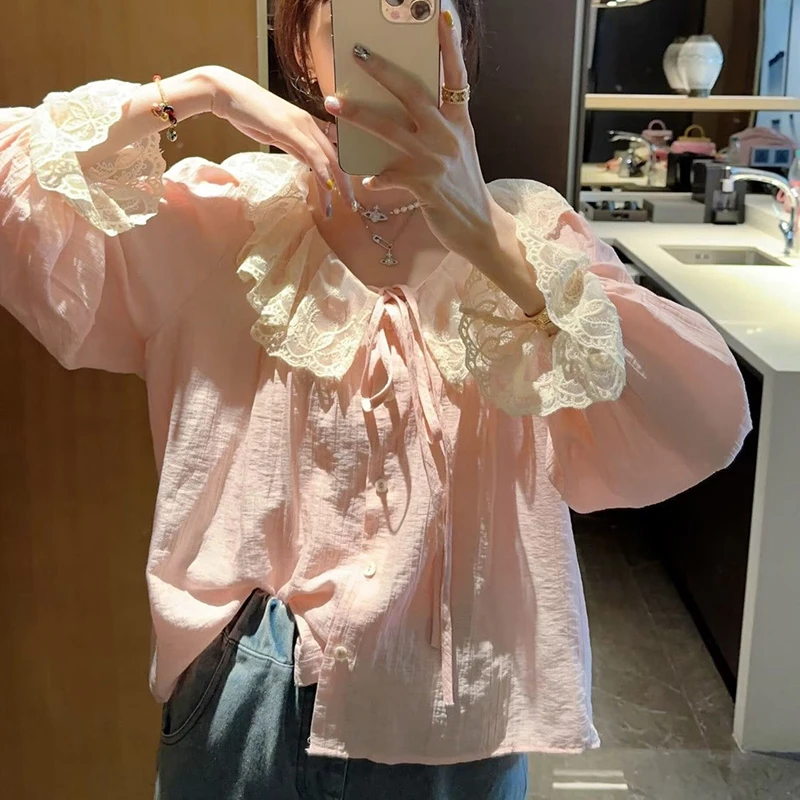 Lace Korean Women Shirt Pink Long Sleeve Top Female Autumn Peter Pan Collar Fashion Woman Blouse 2024 Ruffles Loose Clothes New