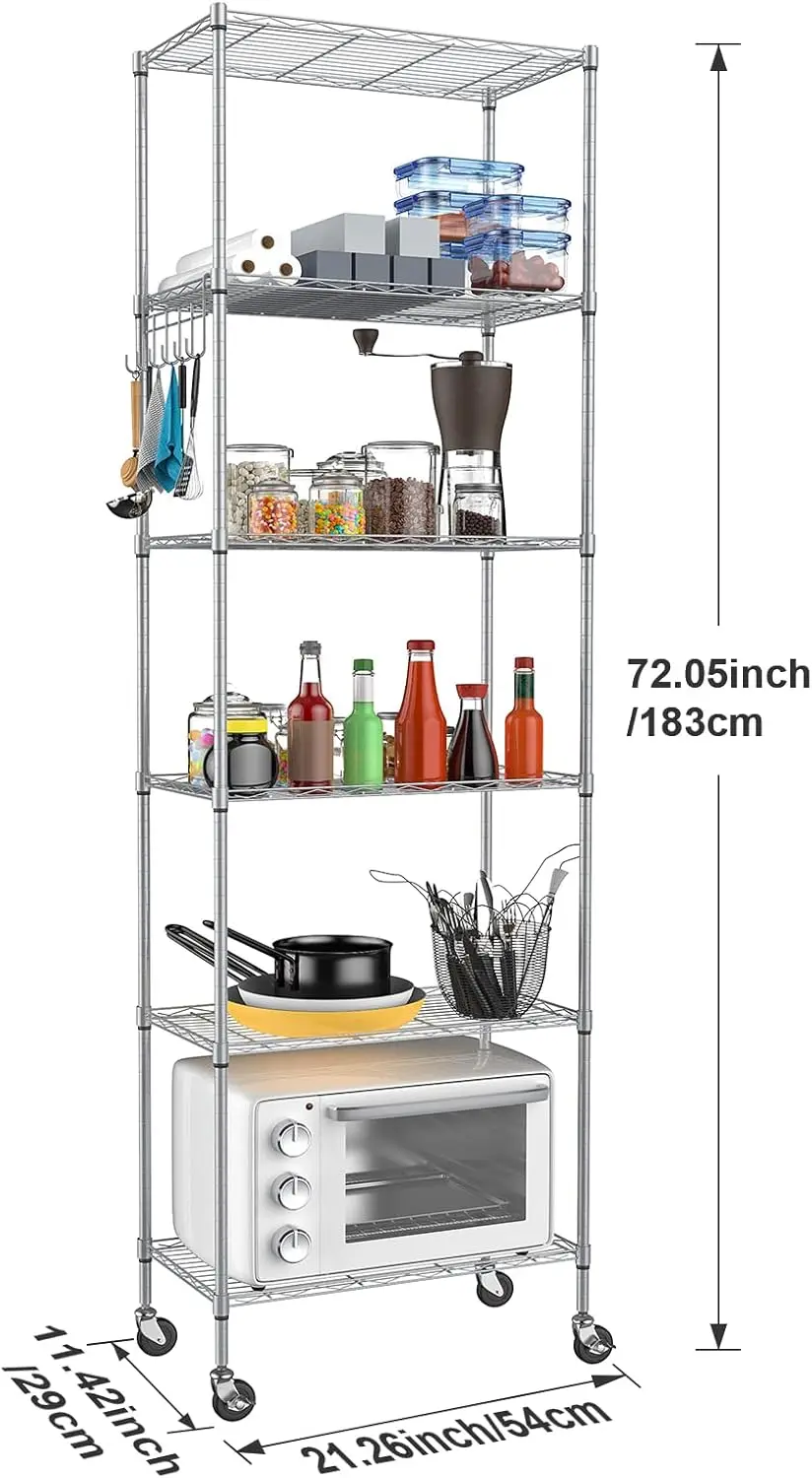 ier Storage Shelf Wire Shelving Unit Free Standing Rack Organization With Caster Wheels, Stainless Side Hooks, Silver Gray