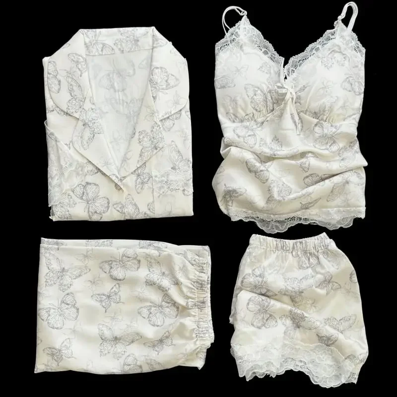 

Женская сексуальная домашняя одежда на шнуровке, верхняя одежда, 4 шт., одежда для сна, ночная рубашка с короткими рукавами, серая пижама с принтом бабочки, костюм нижнего белья
