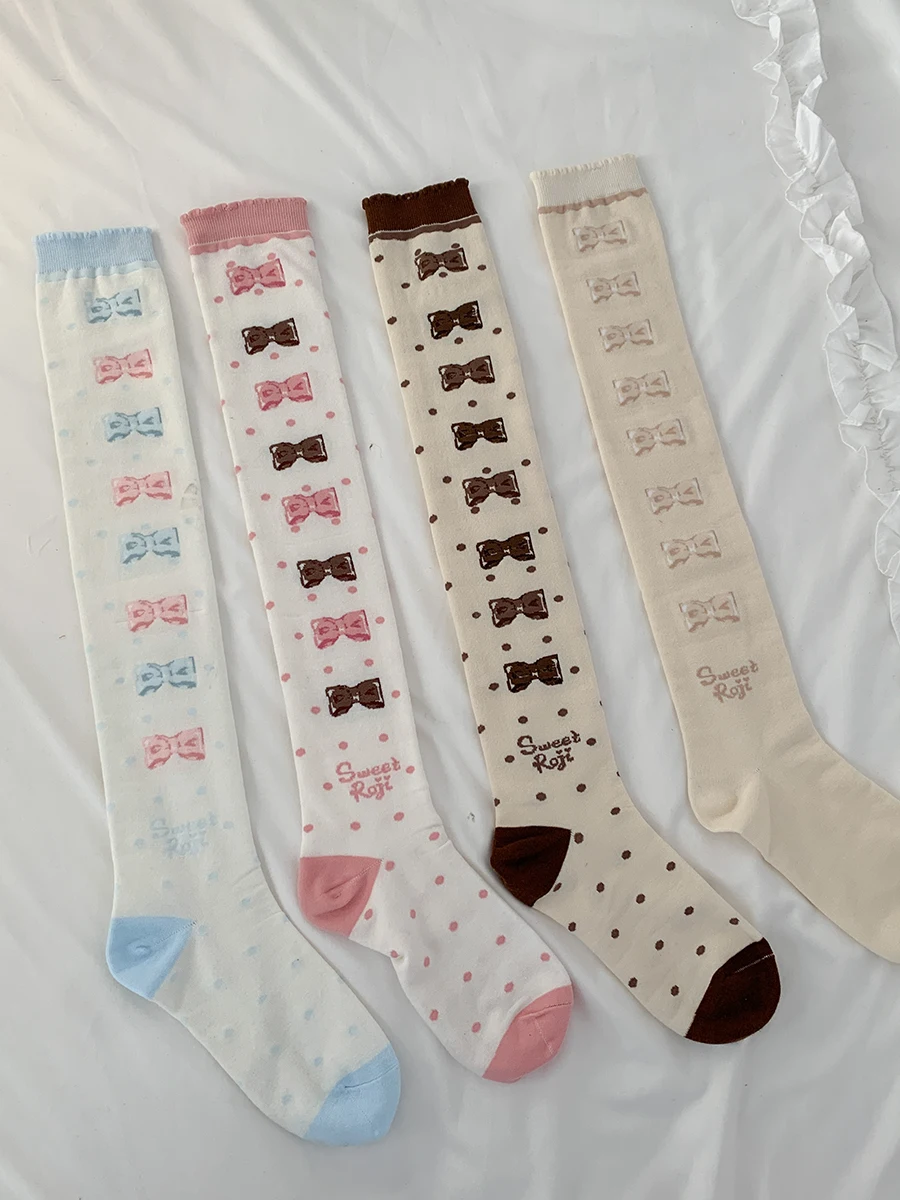 Polka Dot Bow Lolita Socken für Frauen Herbst und Winter Knies trümpfe dicke Baumwolle Lolita japanischen Stil Ofenrohr Socken