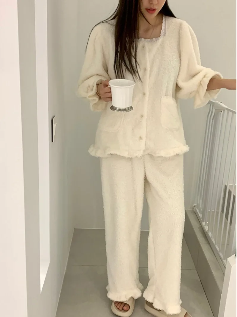 

JL Winter Fce Lined Princ Sle Coral Velvet Spwear Set with Lace Collar Two Piece Set Cozy Warmth Nightgown Outfit