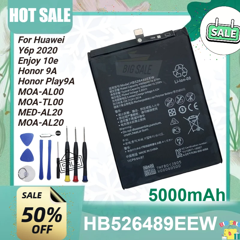 New 5000mAh HB526489EEW Mobile Phone Battery for Huawei Y6p 2020 Enjoy 10e 20 5G SE Honor 9A /Play9A MOA-AL00 MOA-TL00 MED-AL20
