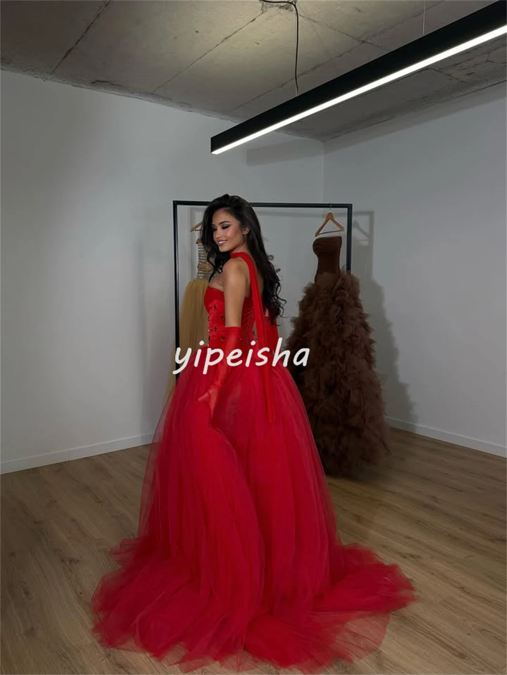 Customized High Quality Fashion Tulle Rhinestone Pleat A-line Strapless Long Dresses Bespoke Occasion Dresses Matching Formal