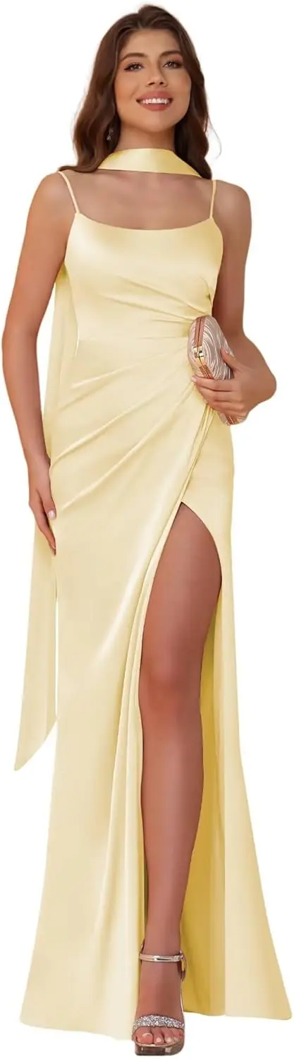 

Spaghetti Straps Bridesmaid Dresses Satin Maxi Evening Dress with Slit Pleated Long Formal Gowns Evening Dress Prom Party Dress