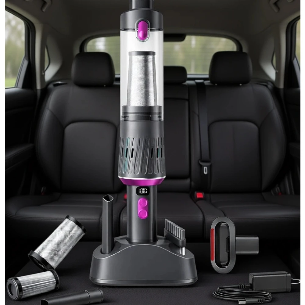 

Мощный беспроводной ручной пылесос 3-в-1 с интеллектуальным дисплеем, зарядной базой и функцией очистки одним нажатием для дома, животных и автомобиля