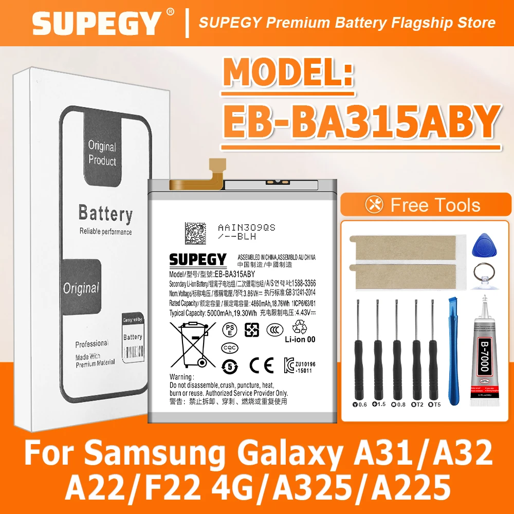 

Совершенно новый сменный аккумулятор SUPEGY EB-BA315ABY для Samsung Galaxy A31/A32/A22/F22 4G/A325/A225, инструменты