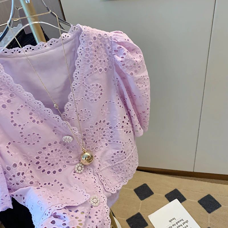 

Mae Purple V-Ne Bubble Sve irt Women's Summer New Sweet Soft Lace Blouse Commute Sle ort Sve Button up