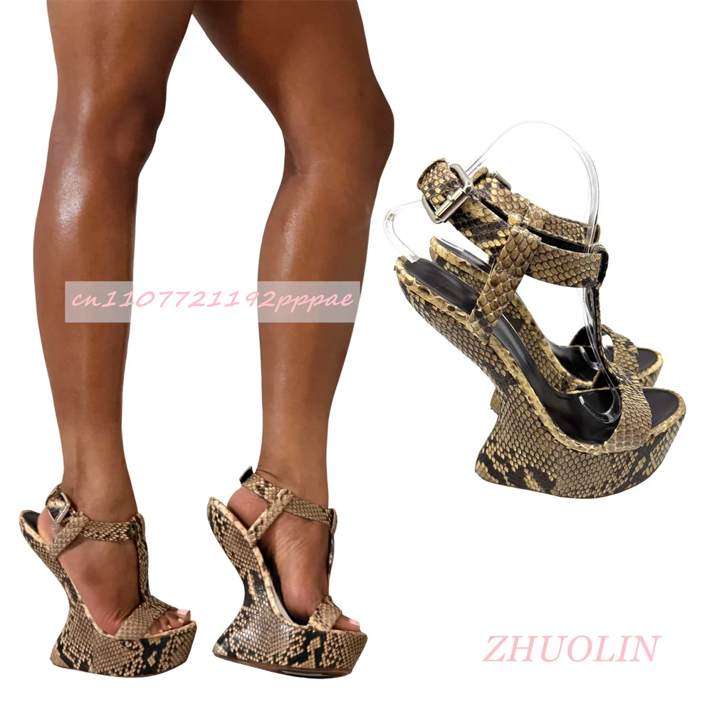 Women Snake Print Platform Sandals Open Toe Wedge Heel Ankle Strap Heels Black Gold Buckle Shoes Statement Party Summer Fashion