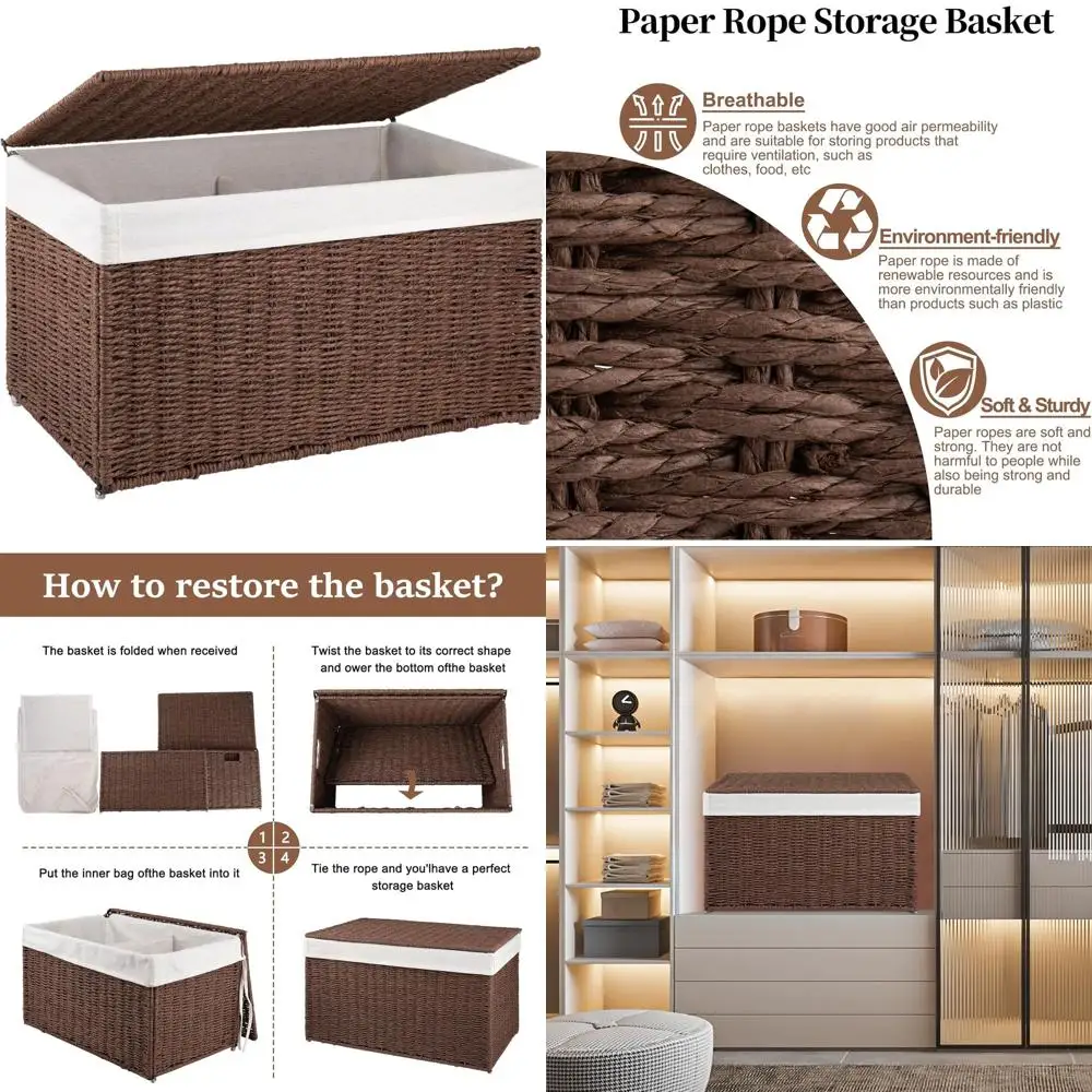 

Складная корзина для бумаги емкостью 17,2 галлона со съемным вкладышем, корзина для хранения объемом 65 л с крышкой для гостиной, коричневая