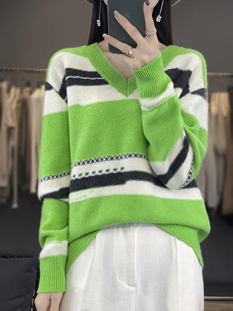 Autumn Winter 100% Wool Knitted Pullover Women V-Neck Fashion Large-Size Sweater Matching Color Jacquard Base Shirt Thicken Tops