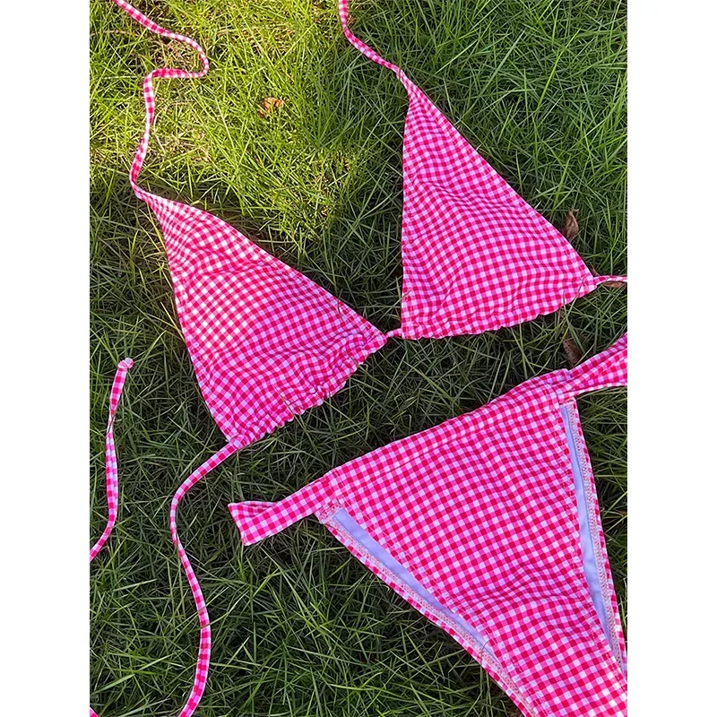 Bikinis con cuello Halter para mujer, traje de baño Sexy a cuadros, traje de baño estampado, trajes de baño de cintura baja, conjuntos de Bikini estilo Push Up, traje de dos piezas para verano