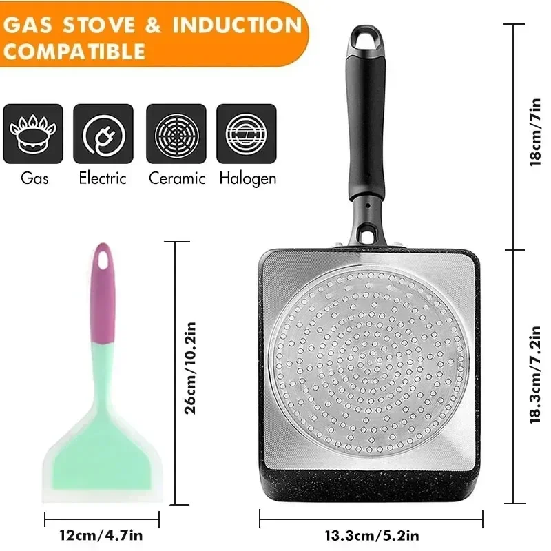 Japanese Omelette Pan / Tamagoyaki Pan, Non-stick Rectangle Mini Egg Frying Pan - Optional Lid & Spatula / Aluminum Alloy