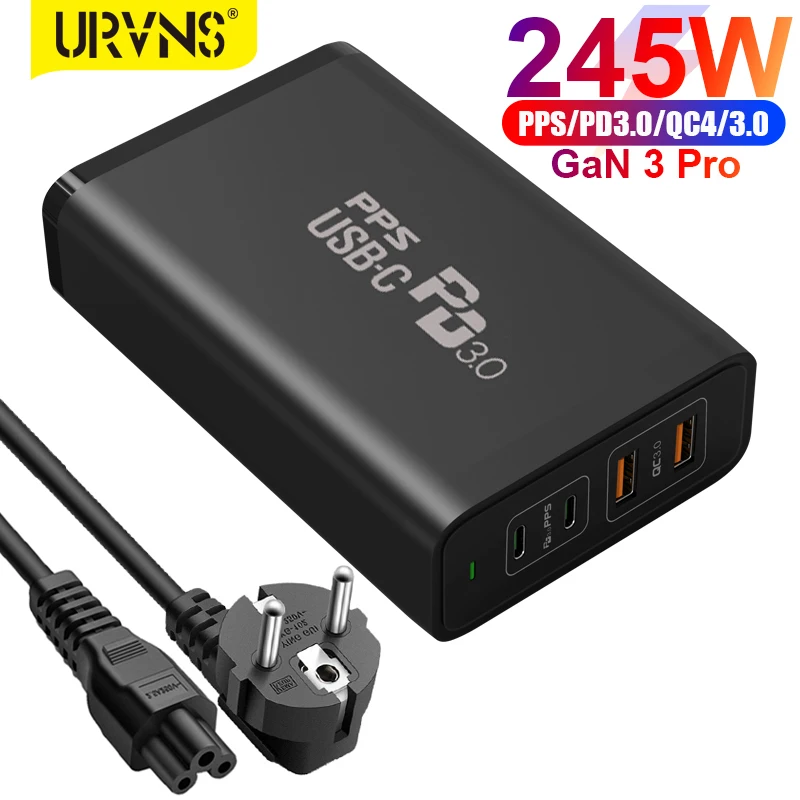 

URVNS 4 Ports 245W Type-C Charger Station GaN Tech USB C Power Adapter PD 100W PPS 65W 45W QC4.0 for Mobile Phone Laptop Tablet