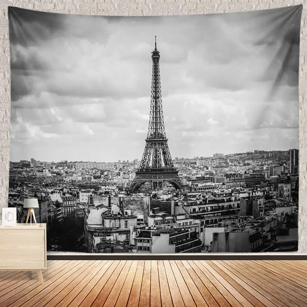 European Eiffel Tower Tapestry Golden Yellow City Paris City Wall Hanging Buildings Tapestries Living Room Home Wall Decor Cloth