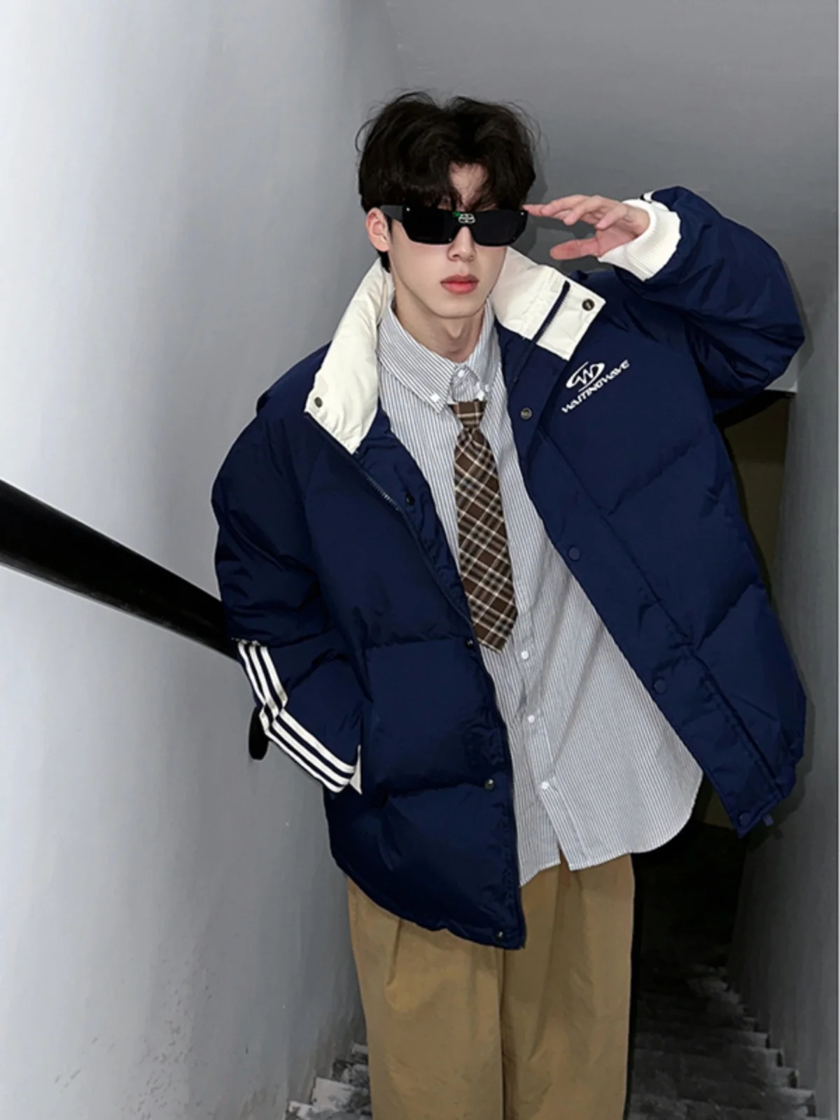 

Trendy Thiened Men's down Cotton Jaet k Blue Stand Collar Bread Sle Warmth Haome Polyester Fiber Zipper Closure