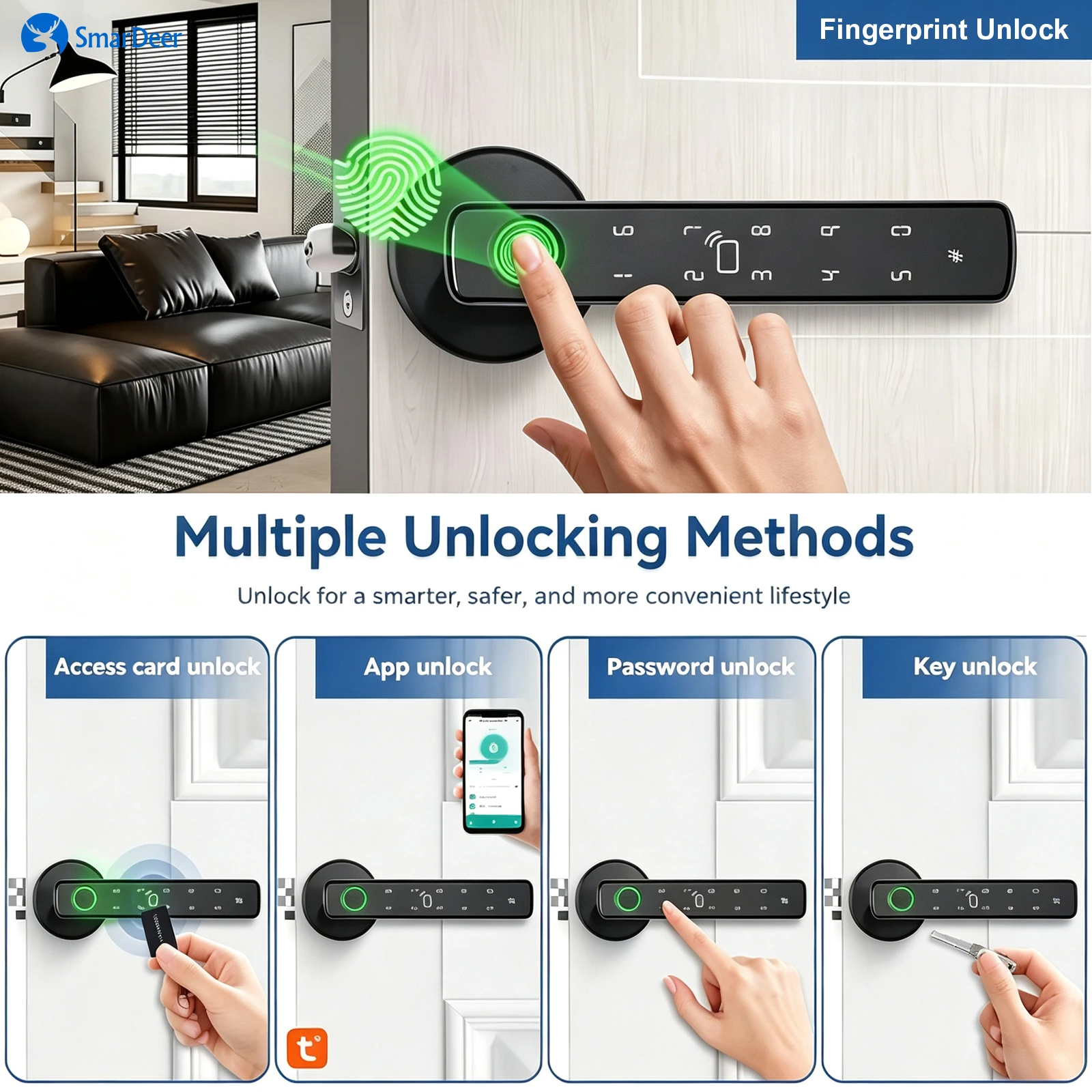 SmarDeer Smart Door Lock,Fingerprint Door Lock with Handle, APP/IC Cards/Codes/Keys/Fingerprints Electronic Lock for Home Office