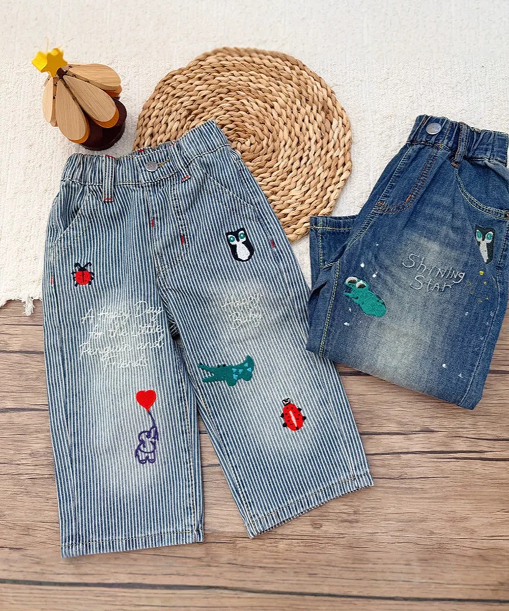 Autumn New Arrivals Cartoon embroidered sweet and cute jeans boys and girls Retro jeans Striped pattern straight leg jeans
