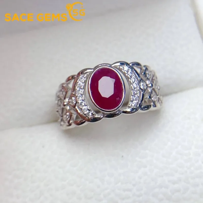

SACE GEMS Fashion 925 Sterling Silver 5*7mm Natual Ruby Luxury Rings for Women Created Wedding Engagement Party Fine Jewelry