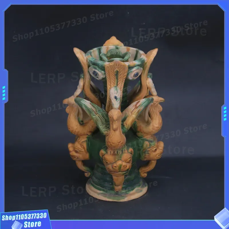 Tang Sancai Handmade Phoenix Carving Divine Beast Oil Lamp Antique Porcelain Ornament Four Series Decorative Collection Art