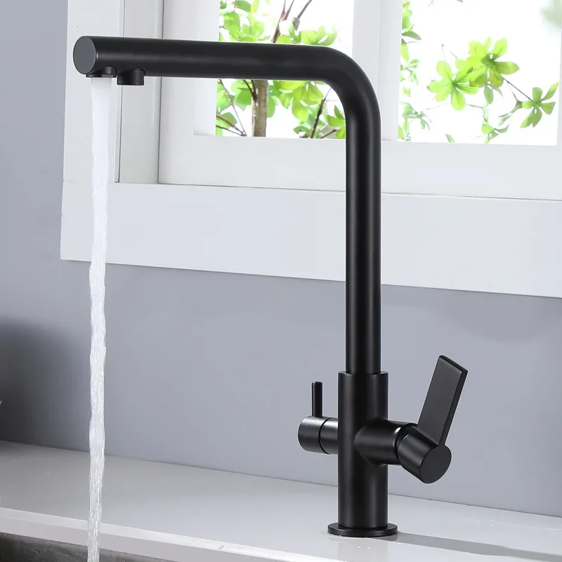 Kitchen Matte Black Drinking Water Filter 3 Way Tap Lead Free Brass Basin Water Purifier Faucet