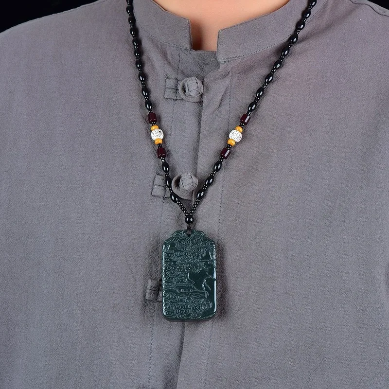 Hetian Shanshui Green Women, Pendant Men, Jade Amulet