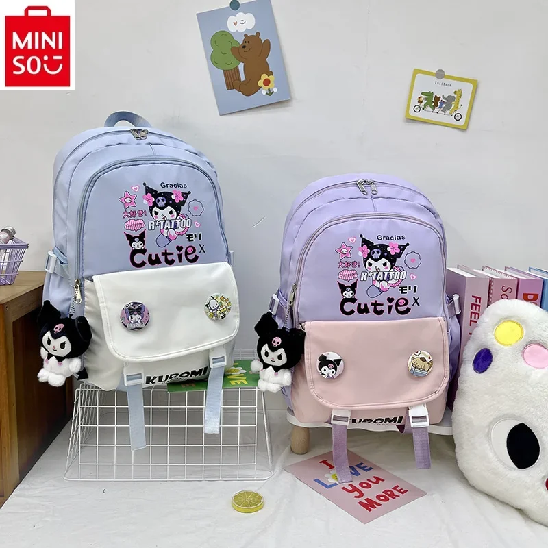 MINISO tas punggung anak-anak, ransel kapasitas besar nilon ringan bercetak lucu kartun Kuromi 2024