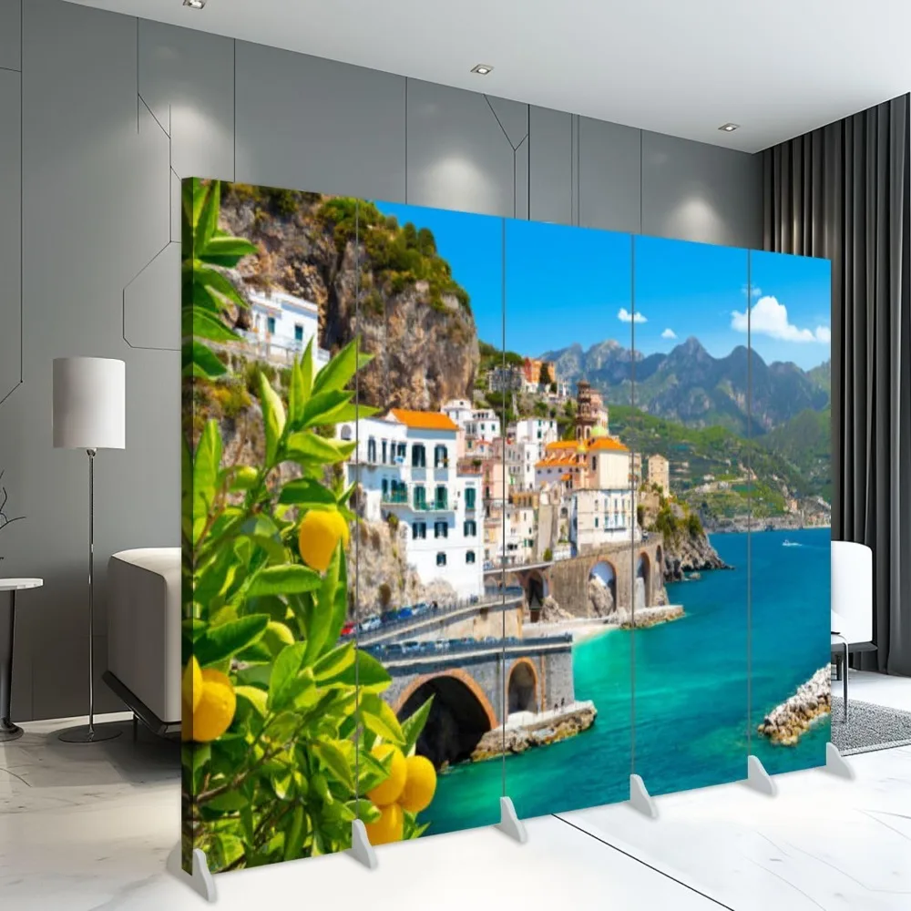 Screen Room Divider Beautiful View Mediterranean Coast Lemons Foreground Italy Canvas Screen Indoor Folding Separator