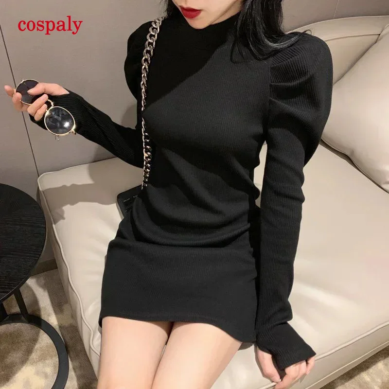 Luckover WOMEN'S turtleneck knitted dress fashion slim fit puff long sleeve mini dresses female Korean elegant bodycon hip dress