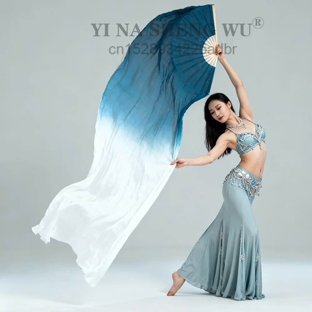 1 peça (1l + 1r) véus de seda real para dança do ventre 100% véu de leque de seda tamanho clássico para meninas adultos marrom começar fluido azul