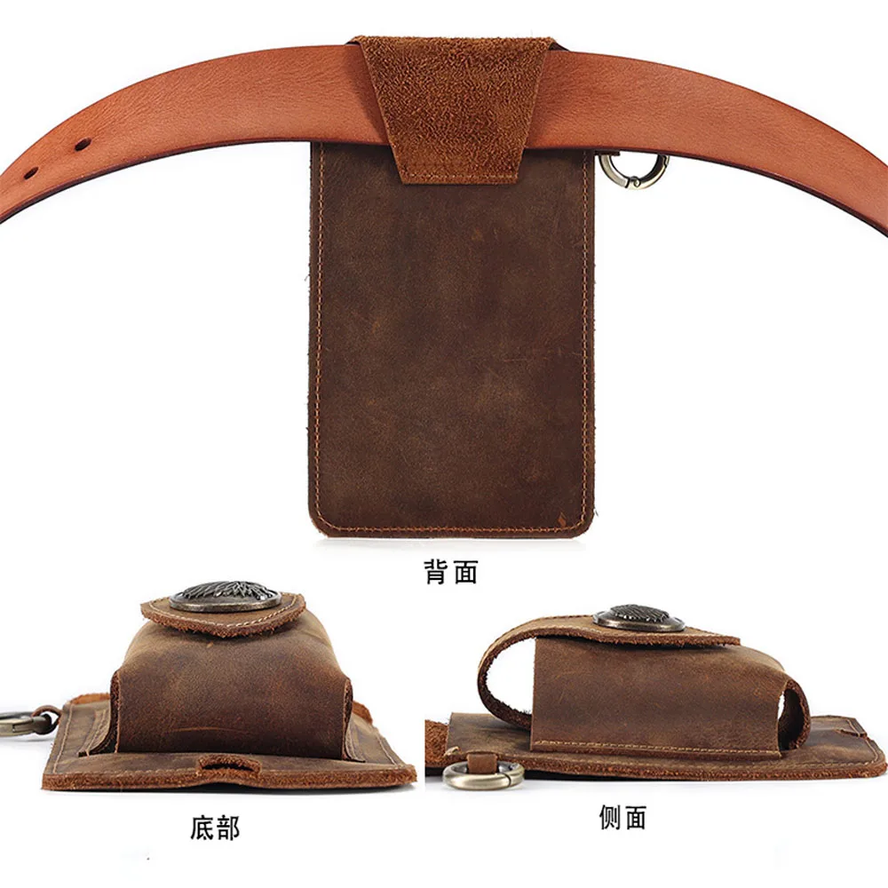 Cow Leather Wearable Mobile Phone Waist Bag Leather Tactical Waist Bag Men's Sports Waist Bag Solid Color Portable Waist Bag