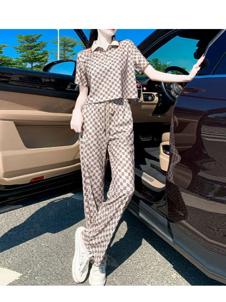 

Tesco Plaid Women's suit Short Jacket Suit Side Stripe Pants 2 Piece Elegant Sets Sports Suit For Work Wear conjunto femininos