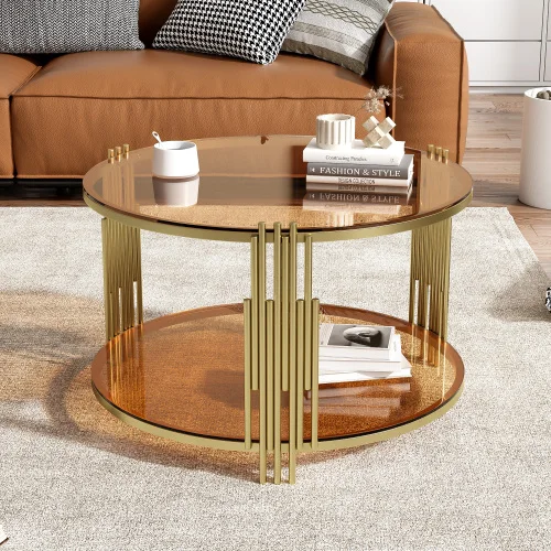 

Custom Living Room Furniture Brown Round Glass Stainless Steel Luxury Modern Coffee Table Set Coffee Tables